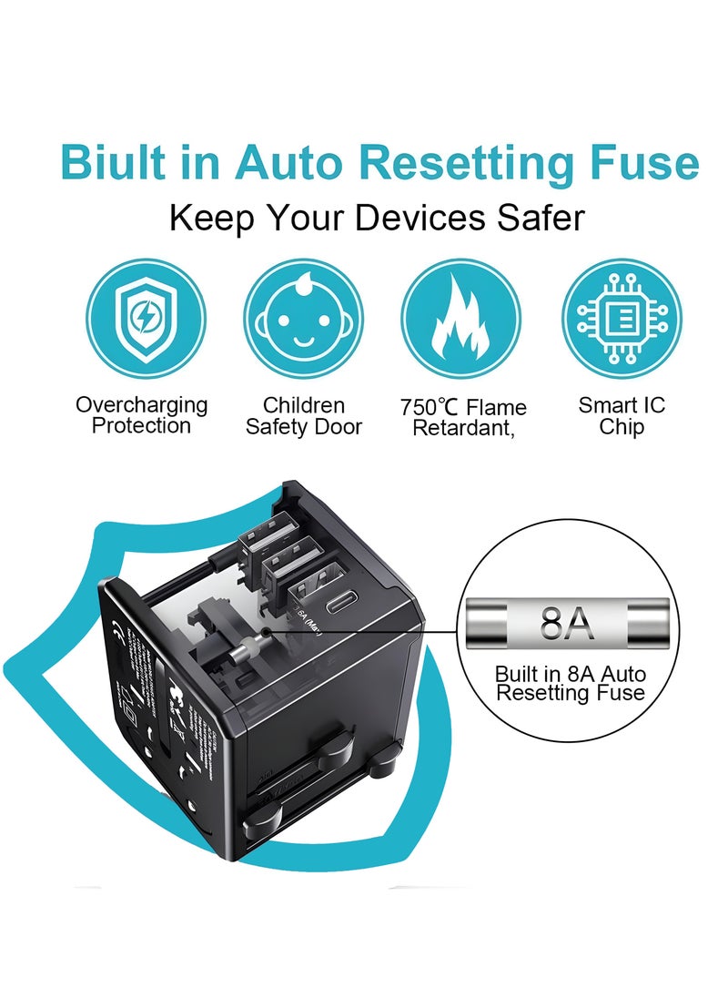 Yesido Universal Travel Adapter with Type-C Data Cable, Power Adapter with 3 USB A and 1 USB C Port, International Adapter For Travel Essentials, 1500W High Power Station, Smart Plug for 150+Countries  - Image 2