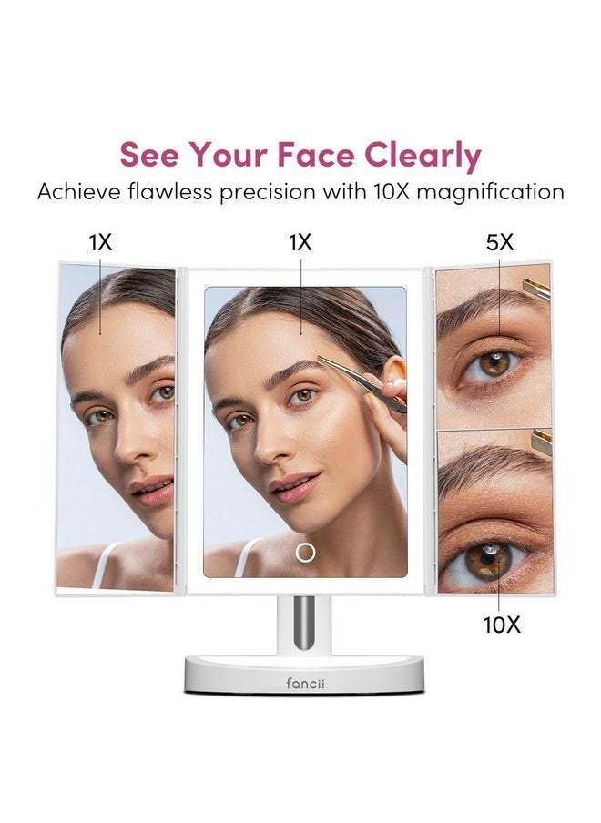 Fancii - Led Lighted Vanity Makeup Mirror, Rechargeable Trifold Mirror With 5X & 10X Magnifications - 68 Dimmable Natural Lights, Touch Screen, Best Adjustable Make Up Mirror With Cosmetic Stand - Image 1