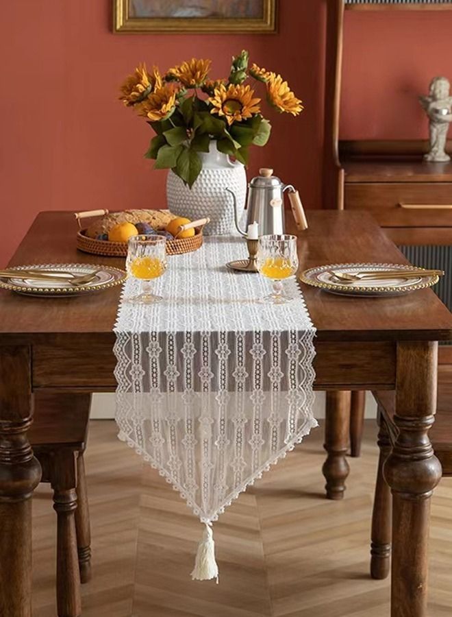 Kutis 1-Piece Simple Lace Hollowing Pointy Tail Tassel Table Cloth Flag Suitable For Dining Table/Side Cabinet 30 x 180 cm  - Image 1