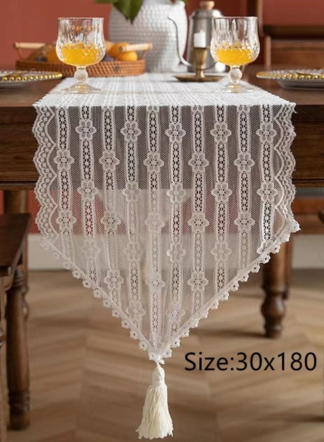 Kutis 1-Piece Simple Lace Hollowing Pointy Tail Tassel Table Cloth Flag Suitable For Dining Table/Side Cabinet 30 x 180 cm  - Image 3