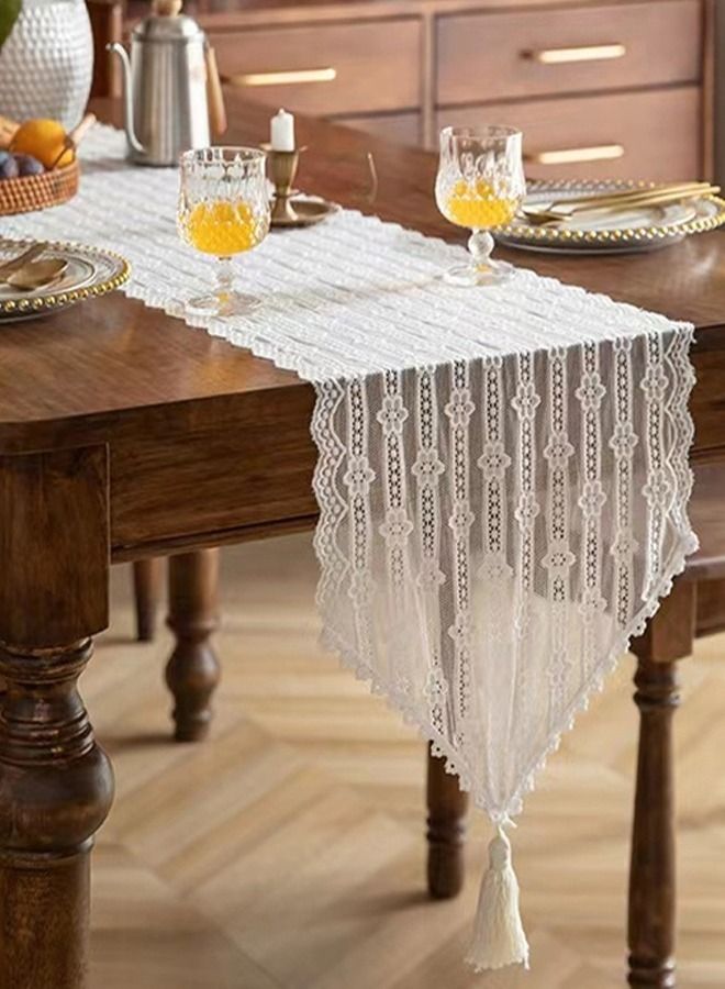 Kutis 1-Piece Simple Lace Hollowing Pointy Tail Tassel Table Cloth Flag Suitable For Dining Table/Side Cabinet 30 x 180 cm  - Image 2