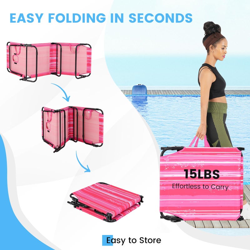 GYMAX Tanning Chair, 330lbs Beach Lounge Chair with Face Hole, Washable Pillow & Carry Strap, Adjustable Folding Chaise Lounge, Layout Lounger for Outside, Patio, Poolside, Lawn (1, Pink Stripe) - Image 5