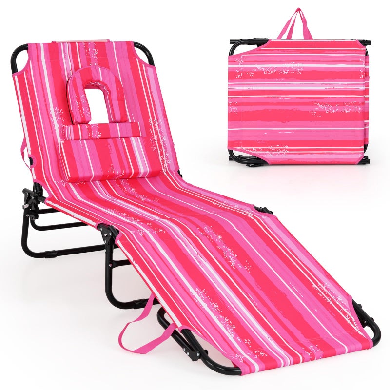 GYMAX Tanning Chair, 330lbs Beach Lounge Chair with Face Hole, Washable Pillow & Carry Strap, Adjustable Folding Chaise Lounge, Layout Lounger for Outside, Patio, Poolside, Lawn (1, Pink Stripe) - Image 1