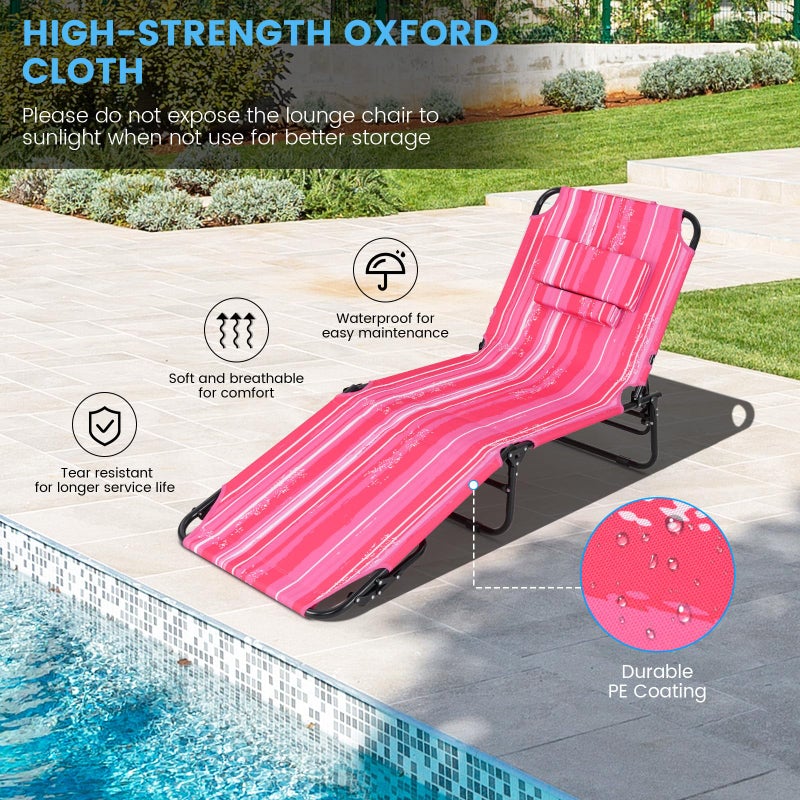 GYMAX Tanning Chair, 330lbs Beach Lounge Chair with Face Hole, Washable Pillow & Carry Strap, Adjustable Folding Chaise Lounge, Layout Lounger for Outside, Patio, Poolside, Lawn (1, Pink Stripe) - Image 2