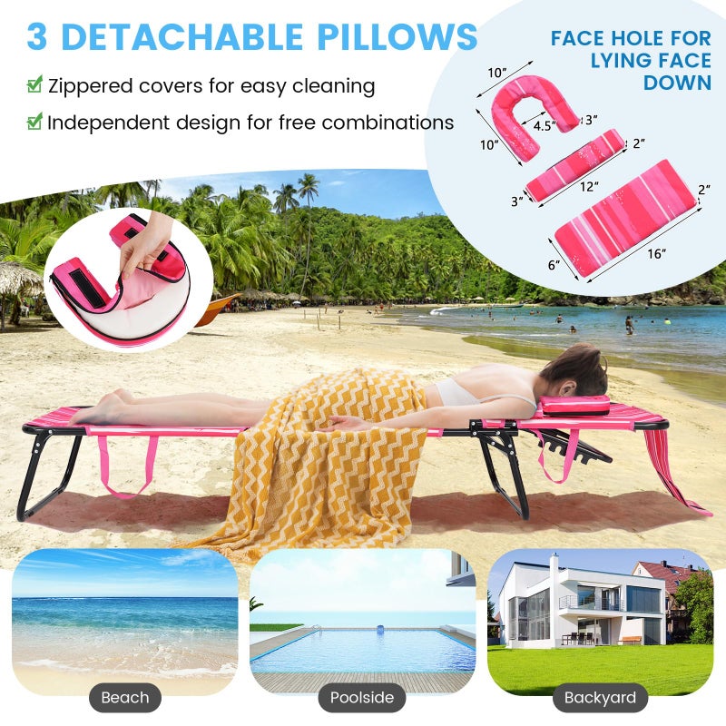 GYMAX Tanning Chair, 330lbs Beach Lounge Chair with Face Hole, Washable Pillow & Carry Strap, Adjustable Folding Chaise Lounge, Layout Lounger for Outside, Patio, Poolside, Lawn (1, Pink Stripe) - Image 4