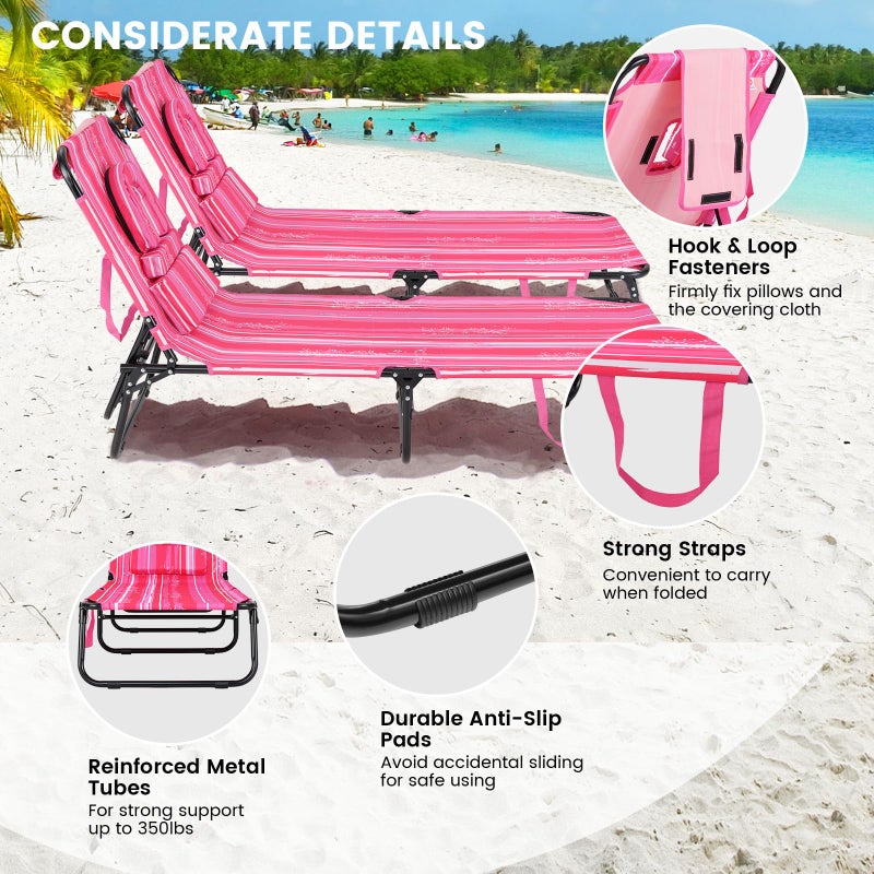 GYMAX Tanning Chair, 330lbs Beach Lounge Chair with Face Hole, Washable Pillow & Carry Strap, Adjustable Folding Chaise Lounge, Layout Lounger for Outside, Patio, Poolside, Lawn (1, Pink Stripe) - Image 3