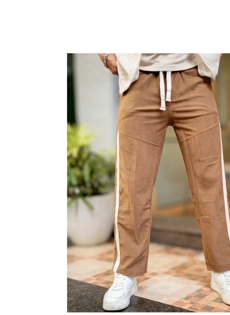 Maniac Maniac Mens ColorBlock Brown, Half White Tape Corduroy fabric Jogger