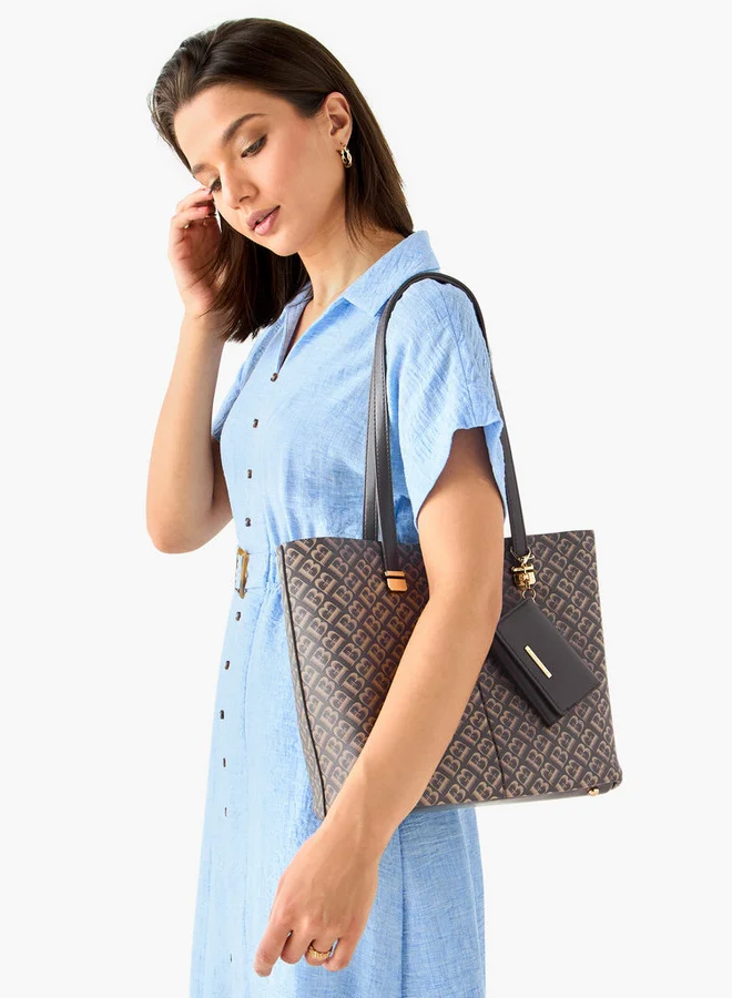 Flora Bella By Shoexpress Monogram Print Tote Bag with Double Handles and Pouch