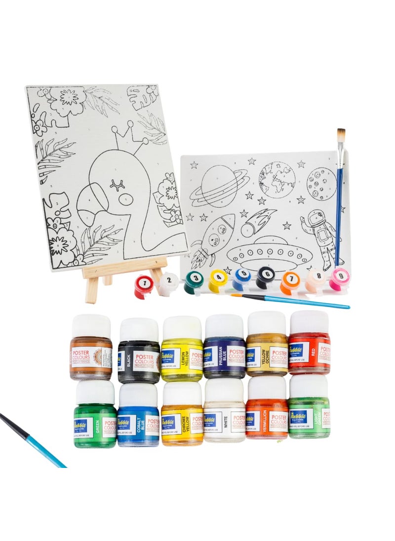 Artiggle Artiggle Student Canvas Painting kit Canvas Board 6 8 Pack of 2 1 Paint Brush 9 Paint 27ml 3ml Each Wooden EaselPaint by Numbers Poster Colour Free  - Image 1