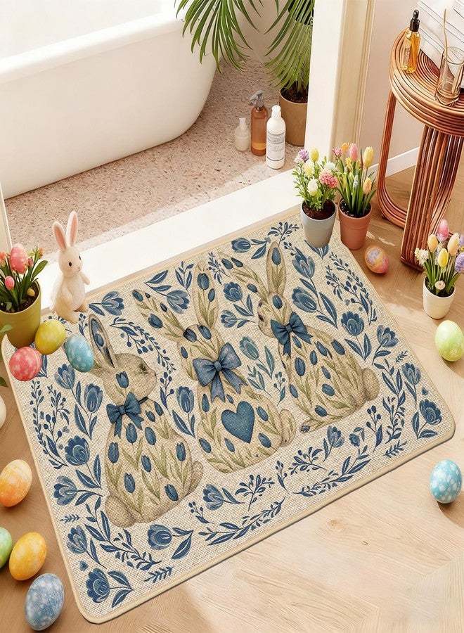 Baccessor Blue Easter Bunny Door Mat Spring Floral Tulips Rabbit Decorative Front Welcome Doormat 17x29 Inch Indoor Outdoor Door Mats Non Slip Rubber Backing Seasonal Entryway Floor Decoration - Image 2