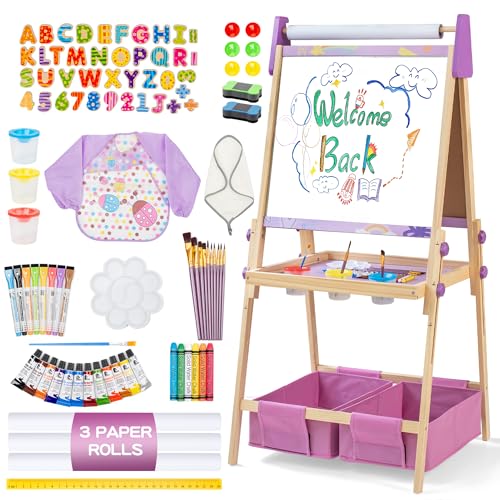 bpmfkid 3in1 Adjustable Kids Art Easel Set Height Adjustable Magnetic Whiteboard Chalkboard with Painting Paper Roll Wooden DualSided Art Station for Toddlers Children Ages 3 Art Supplies Included - Image 1