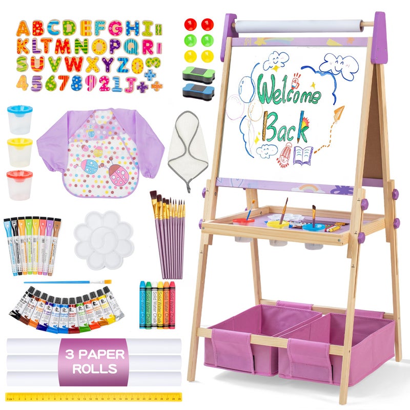 bpmfkid 3in1 Adjustable Kids Art Easel Set Height Adjustable Magnetic Whiteboard Chalkboard with Painting Paper Roll Wooden DualSided Art Station for Toddlers Children Ages 3 Art Supplies Included - Image 2