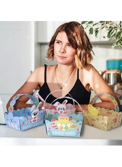 Generic 2pcs Happy Easter Egg Hunt Paper Baskets for Kids, Blue Pink, Bunny and Chick Designs for Boys Girls Children Festive Celebration Suprise Gift  - Image 3
