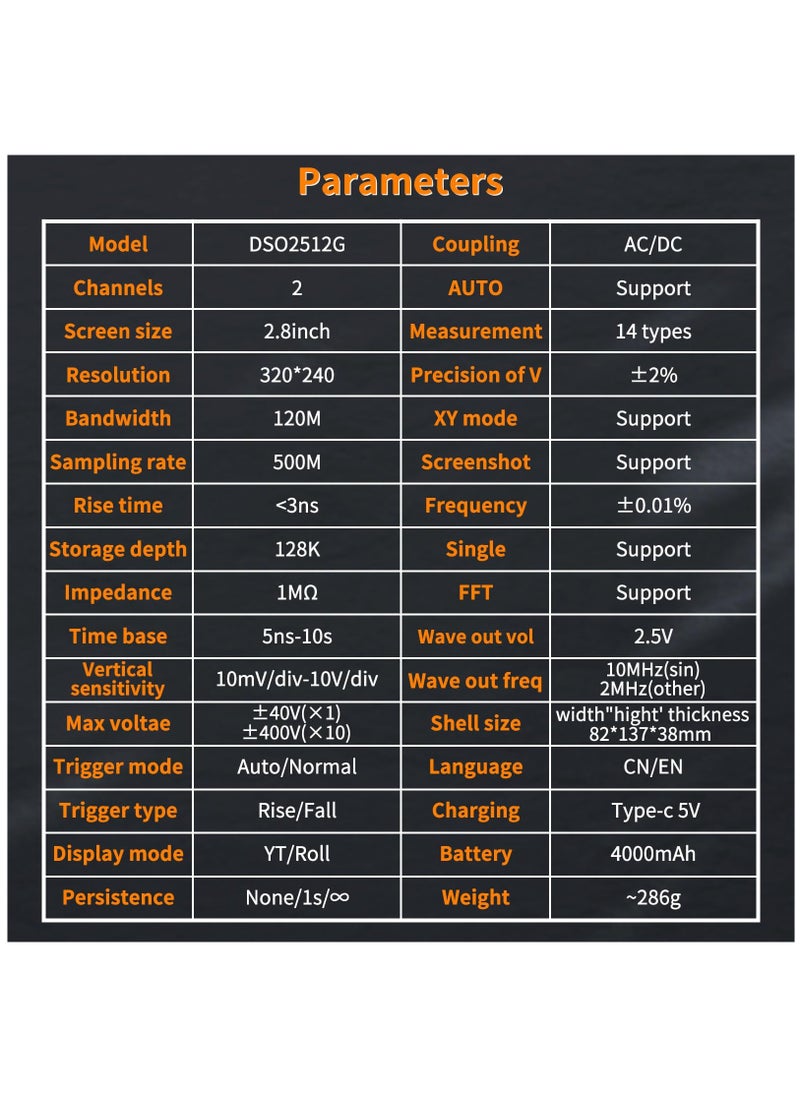 2-Channel Handheld Digital Oscilloscope Kit - 120MHz Bandwidth, 500MS/s Sampling Rate, 2.8" TFT Display, Vertical Sensitivity 10mV/div to 10V/div, Portable Automotive Oscilloscope.