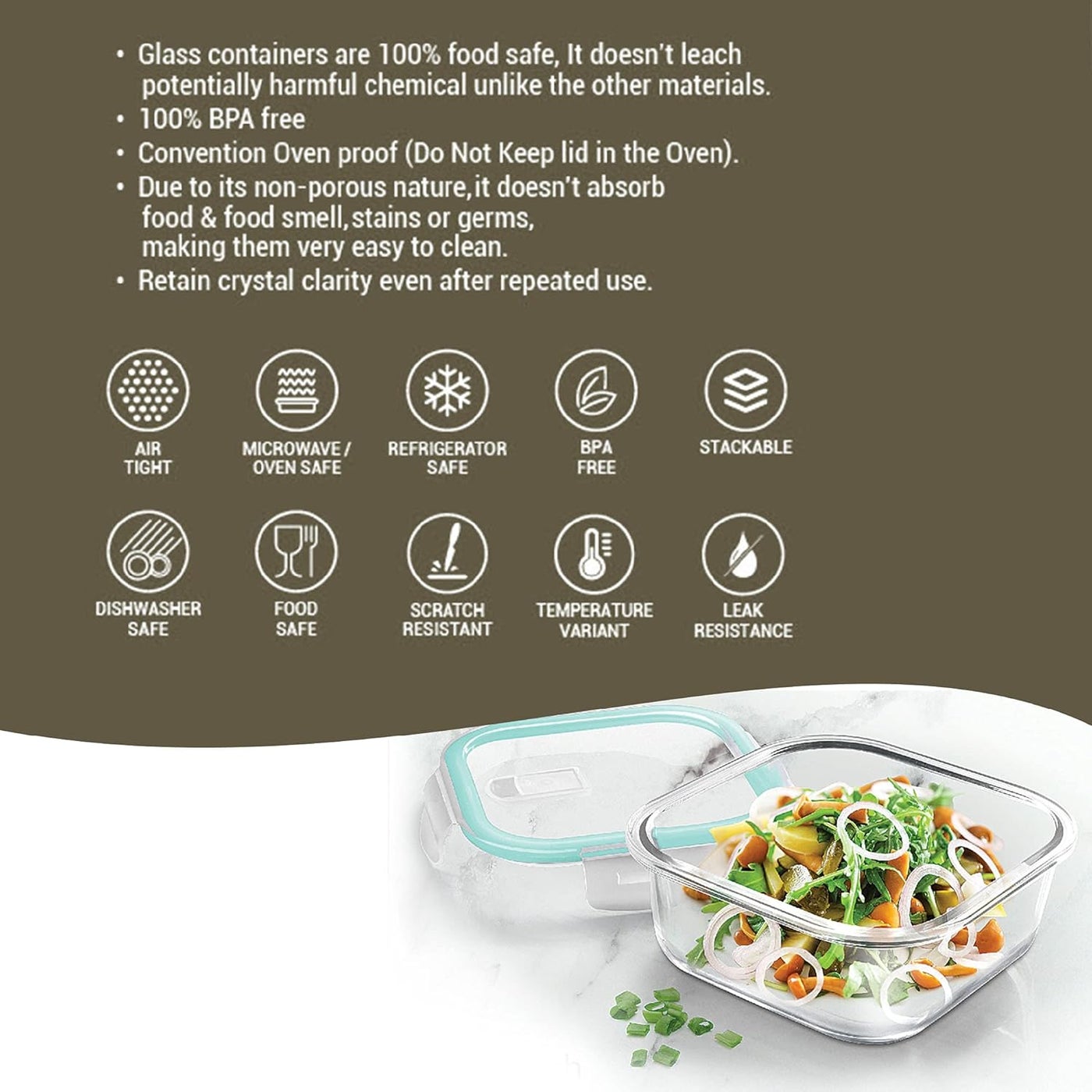Treo Glass By Milton Hi Borosilicate Clip Fresh Square Container, Set Of 2, 1200 Ml Each, Transparent Air Tight Microwave Safe Oven Safe Refrigerator Safe Bpa Free Stackable Dishwasher Safe