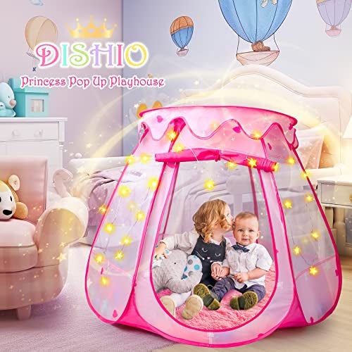 DISHIO Princess Castle Girls Play Tent with Rug Pop Up Play Tent for Toddlers Kids DISHIO Playhouse Toys for 1 Year Old Birthday Gift Fairy for Girls with Lights Indoor Outdoor Kids with Mat - Image 5