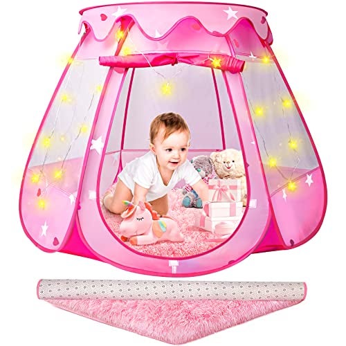 DISHIO Princess Castle Girls Play Tent with Rug Pop Up Play Tent for Toddlers Kids DISHIO Playhouse Toys for 1 Year Old Birthday Gift Fairy for Girls with Lights Indoor Outdoor Kids with Mat - Image 1