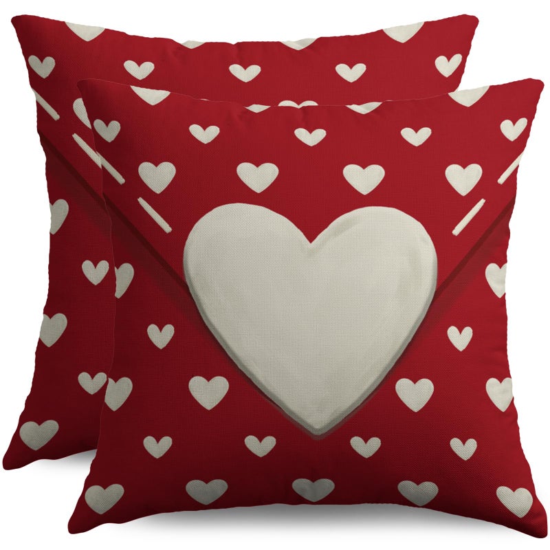 Smozenith Red Valentines Pillow Covers 18X18 Set of 2, Cream Heart Print Valentine's Day Themed Love Holiday Throw Pillowcases Anniversary Decorative Outdoor Farmhouse Cushion Cases Couch Sofa Bed Decor - Image 1