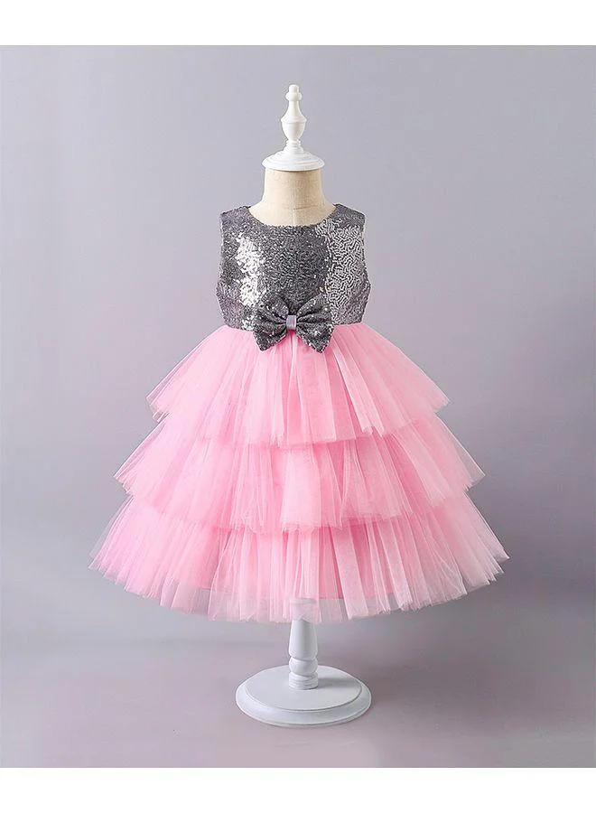 Mark & Mia Mark & Mia Bow Detailed Sequins Embellished Sleeveless Tulle Dress - Grey & Pink