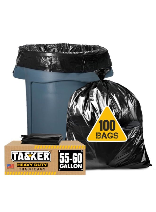 tasker 55-60 gallon trash bags, (100 count/w ties), large black trash bags, 38 inches W x 58 inches H, 1.2 mil - Image 1