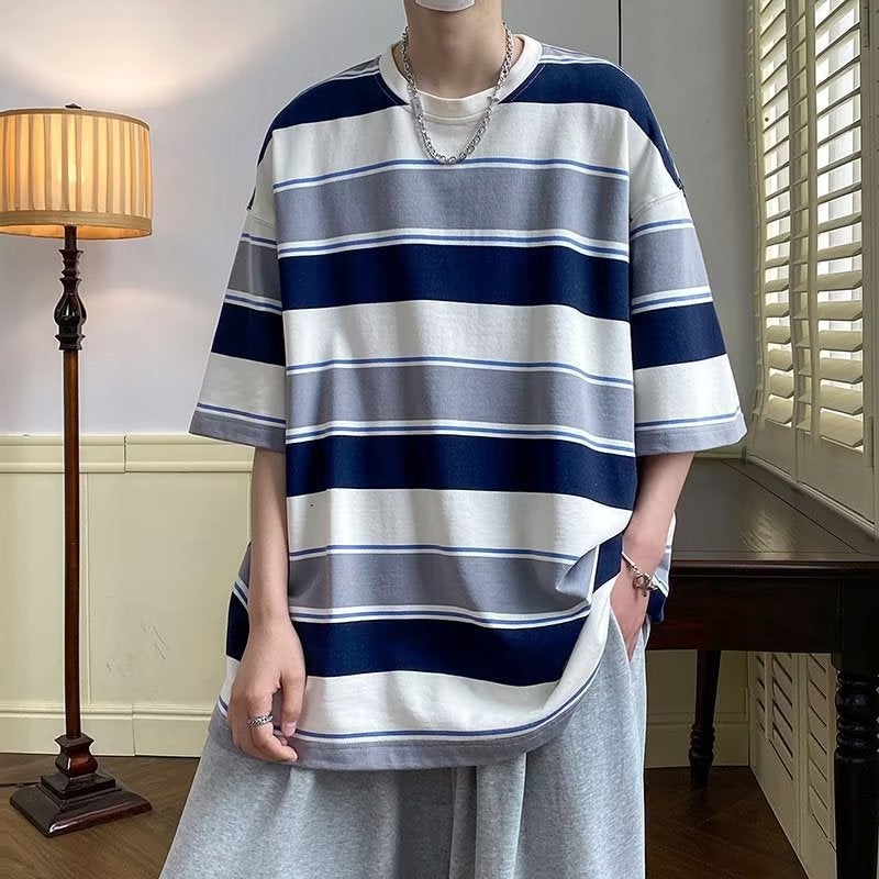 American Style Retro Striped Short-Sleeved T-Shirt Men'S Summer Teenager Round Neck Top All-Match Trendy Brand Five-Sleeved T-Shirt - Image 4