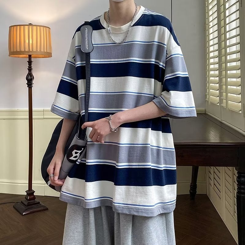 American Style Retro Striped Short-Sleeved T-Shirt Men'S Summer Teenager Round Neck Top All-Match Trendy Brand Five-Sleeved T-Shirt - Image 1
