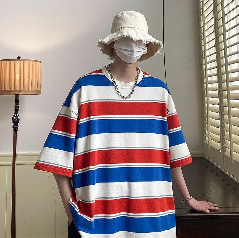 American Style Retro Striped Short-Sleeved T-Shirt Men'S Summer Teenager Round Neck Top All-Match Trendy Brand Five-Sleeved T-Shirt - Image 3