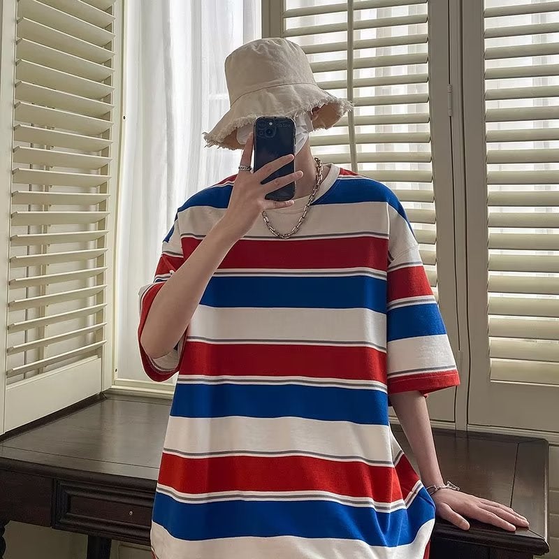American Style Retro Striped Short-Sleeved T-Shirt Men'S Summer Teenager Round Neck Top All-Match Trendy Brand Five-Sleeved T-Shirt - Image 5