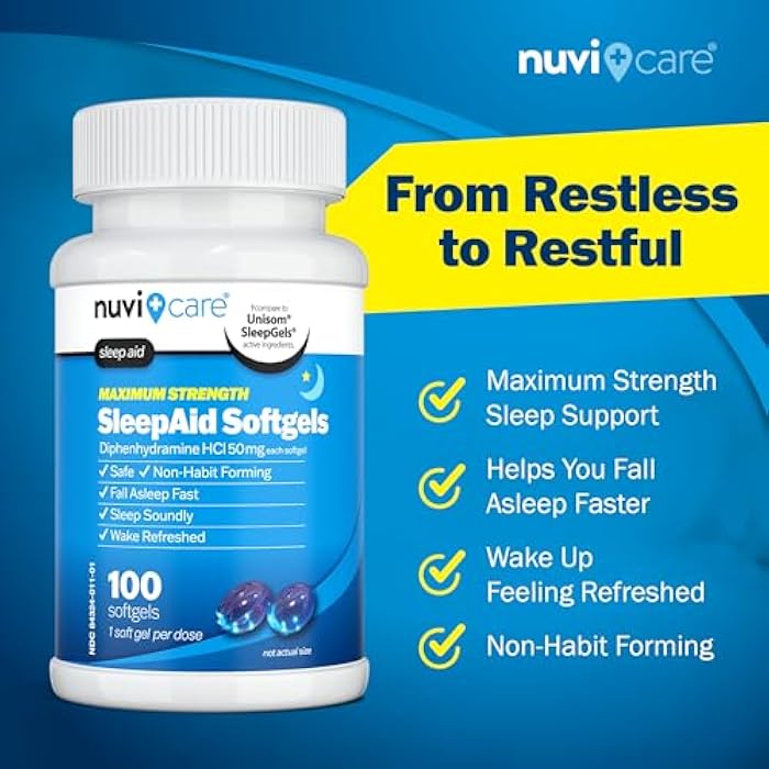NUVICARE Maximum Strength SleepAid Soft Gels - Nighttime Sleep Aid with Diphenhydramine HCl 50mg - Non Habit Forming Sleeping Pills for Adults - Extra Strong OTC Sleep Aids for Adults (100 Count) - Image 3