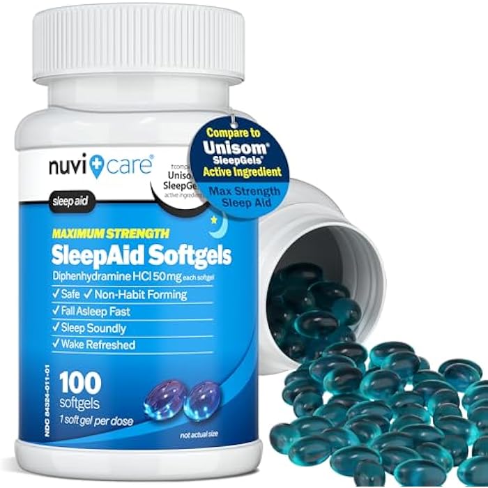 NUVICARE Maximum Strength SleepAid Soft Gels - Nighttime Sleep Aid with Diphenhydramine HCl 50mg - Non Habit Forming Sleeping Pills for Adults - Extra Strong OTC Sleep Aids for Adults (100 Count) - Image 2