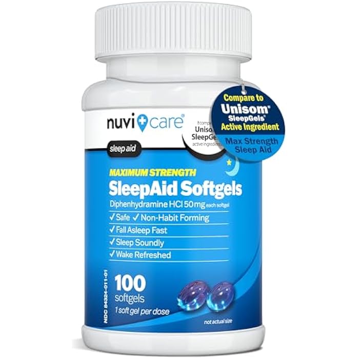 NUVICARE Maximum Strength SleepAid Soft Gels - Nighttime Sleep Aid with Diphenhydramine HCl 50mg - Non Habit Forming Sleeping Pills for Adults - Extra Strong OTC Sleep Aids for Adults (100 Count) - Image 1