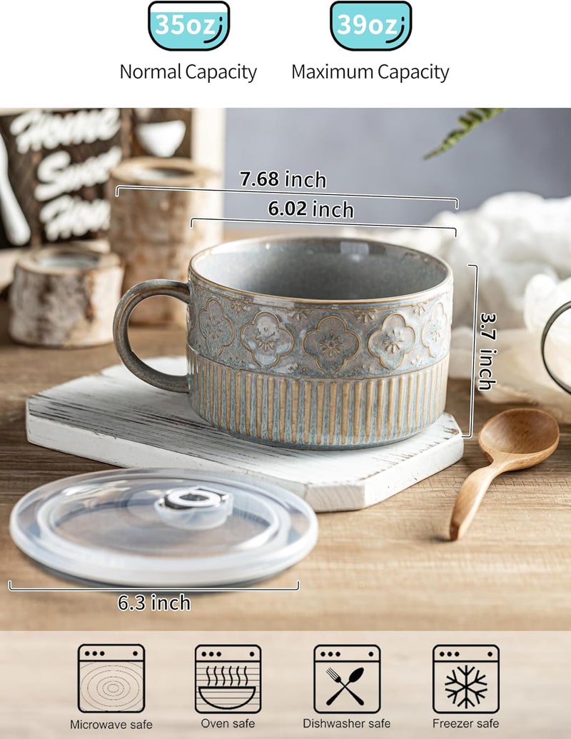 Gomakren Extra Large Soup Bowl with Handle, 39 Ounces Ceramic Bowl with Lid, 6 Inch Microwave Ramen Bowl Soup Mug Cup for Cereal, Ramen, Instant Noodle, Gray - Image 2