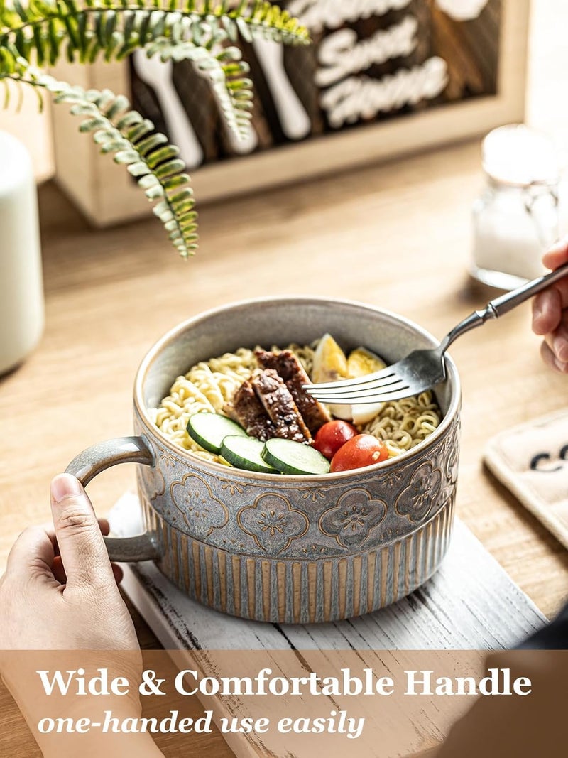 Gomakren Extra Large Soup Bowl with Handle, 39 Ounces Ceramic Bowl with Lid, 6 Inch Microwave Ramen Bowl Soup Mug Cup for Cereal, Ramen, Instant Noodle, Gray - Image 3