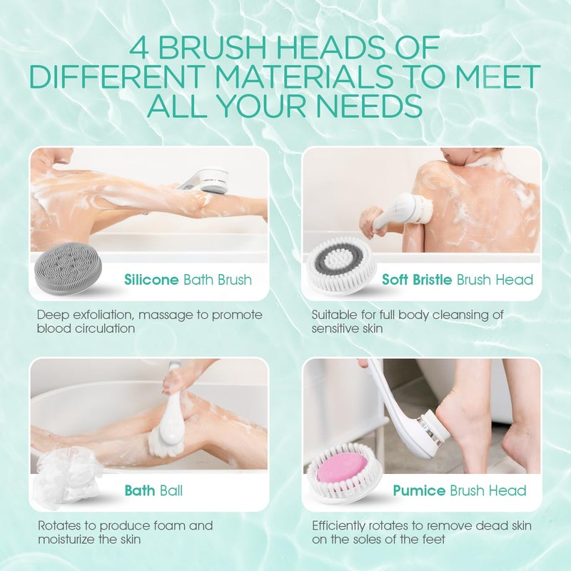 VOYOR Electric Body Brush Back Scrubber for Shower Rechargeable Exfoliating Bath Brush Powered Shower Brush with Non-Slip Long Handle Deep Cleansing, Exfoliation, Massaging Spin Brush BC100 (Gery) - Image 5