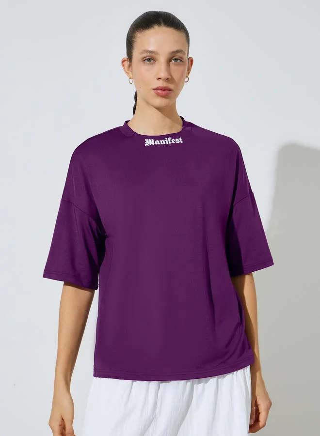 Styli Purple Boxy Fit T-Shirt with Neck Print