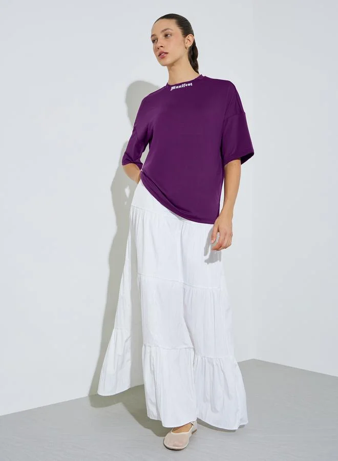 Styli Purple Boxy Fit T-Shirt with Neck Print