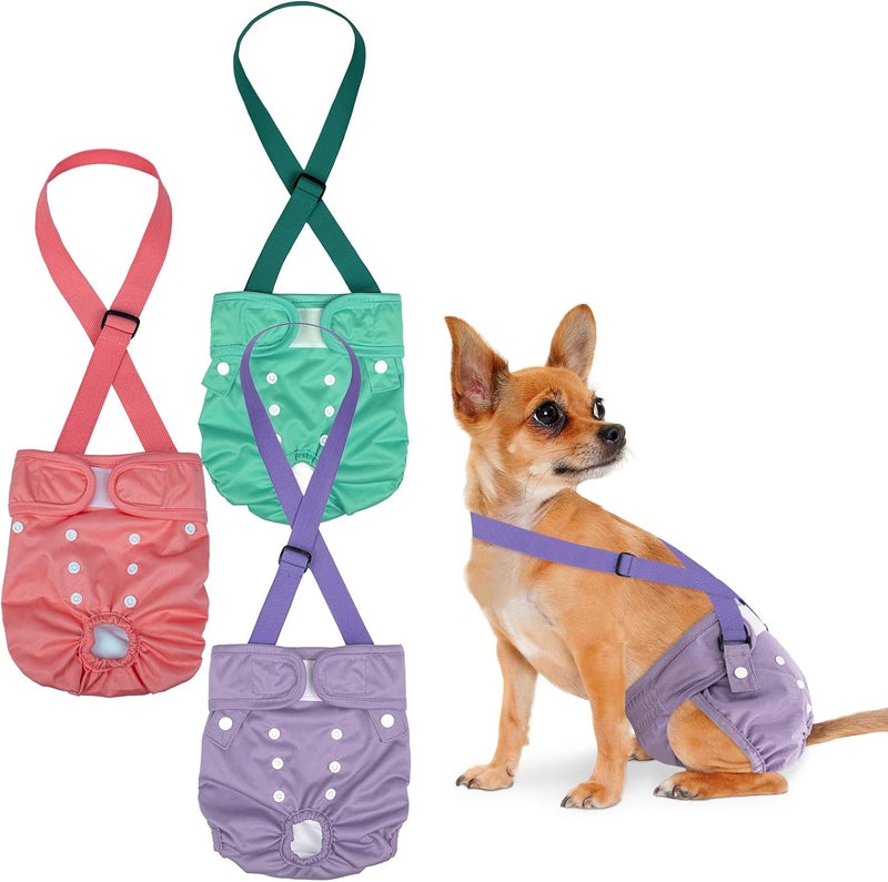 Pet Soft 3 Pack Reusable Dog Diapers Female with Adjustable Suspenders, Dog Diapers Female for Doggy, Escape-Proof Doggie Diapers for Pets in Heat, Incontience, Training (Pinkycolor, XS) - Image 1