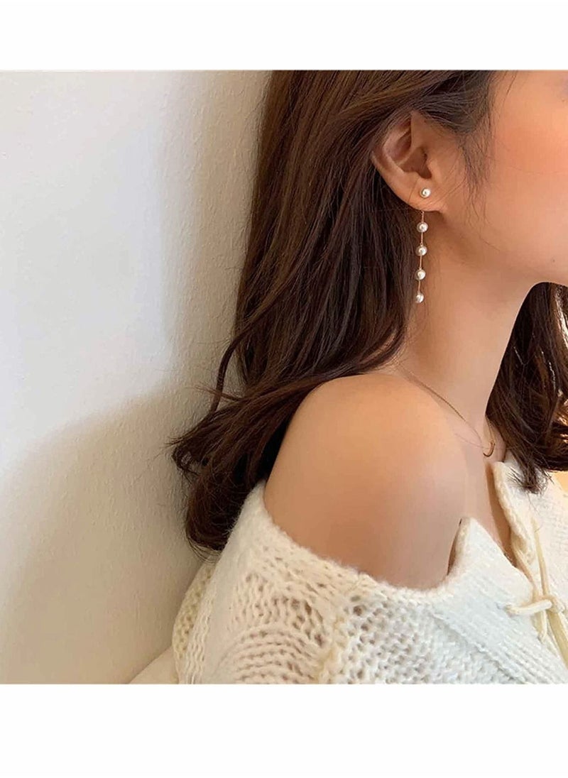 Generic Boho Pearl Drop Dangle Earring Gold Long Tassel Pearl Earrings Tiny Pearl Chain Earrings Vintage Earrings Jewelry for Women and Girls (Gold)  - Image 2