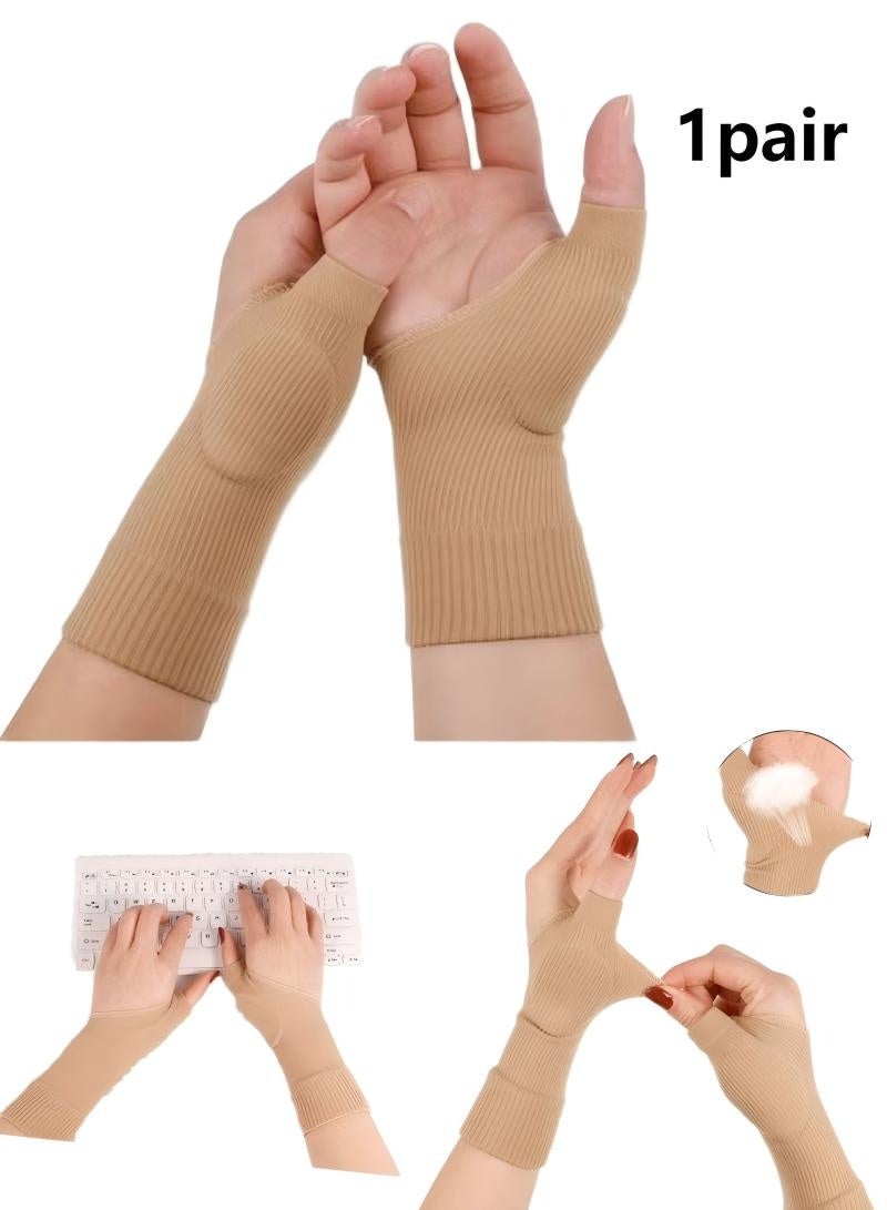 Hand Wrist Support Brace Thumb Injury Pads, Compression Gloves for Sports, Wrist Support Brace Fingerless Glove for Pain Relief (Size: S, Colour: Beige) - Image 1