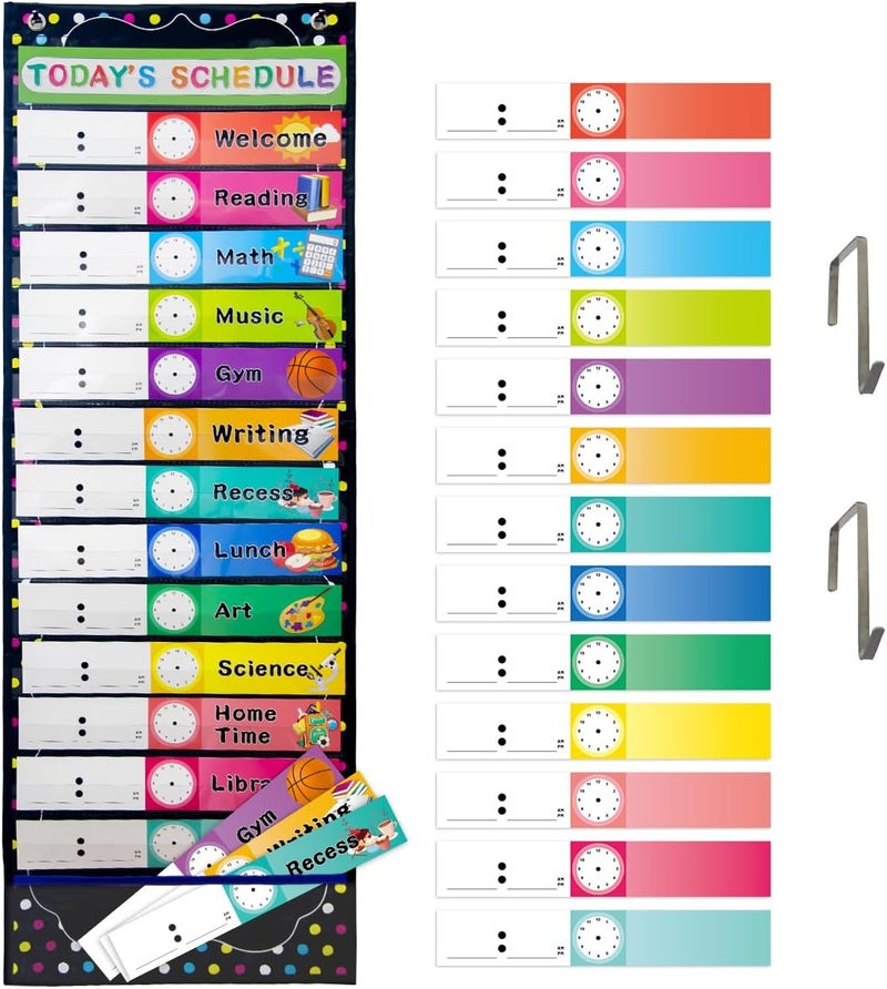 Fancy Land Daily Schedule Pocket Chart Educational Pocket Chart for Classroom Office Home Teachers Preschool Activity Supplies 15 Pockets 27 Double-Sided Reusable Dry-Eraser Card 13 x 37 Inches - Image 1