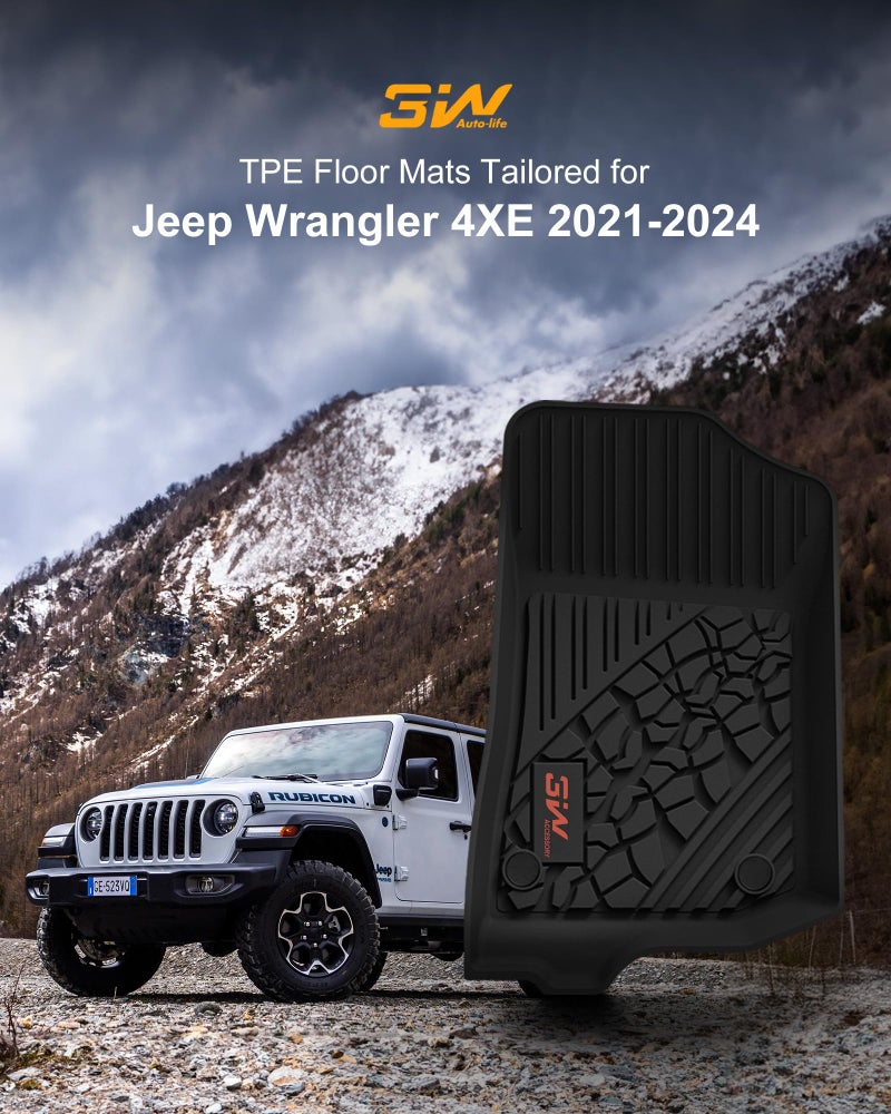 3W Floor Mats Fit for Jeep Wrangler 4XE 2021-2024 2025 Hybrid 4 Door (Non JL or JK), Black All-Weather TPE Floor Liner for 1st and 2nd Row Full Set Car Mats, Red Logo - Image 2