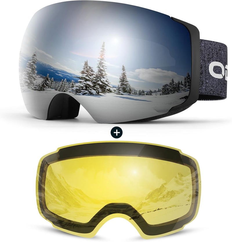 Odoland Magnetic Interchangeable Ski Goggles with 2 Lens, Large Spherical Frameless Snow Snowboard Goggles for Men Women - Image 1