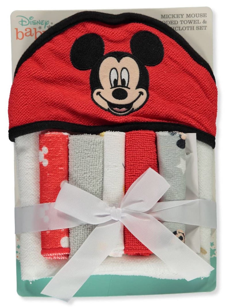 Cudlie Disney Baby Mickey Mouse Happy Face Print (Hooded Towel with 5 Piece Washcloth Set) - Image 1