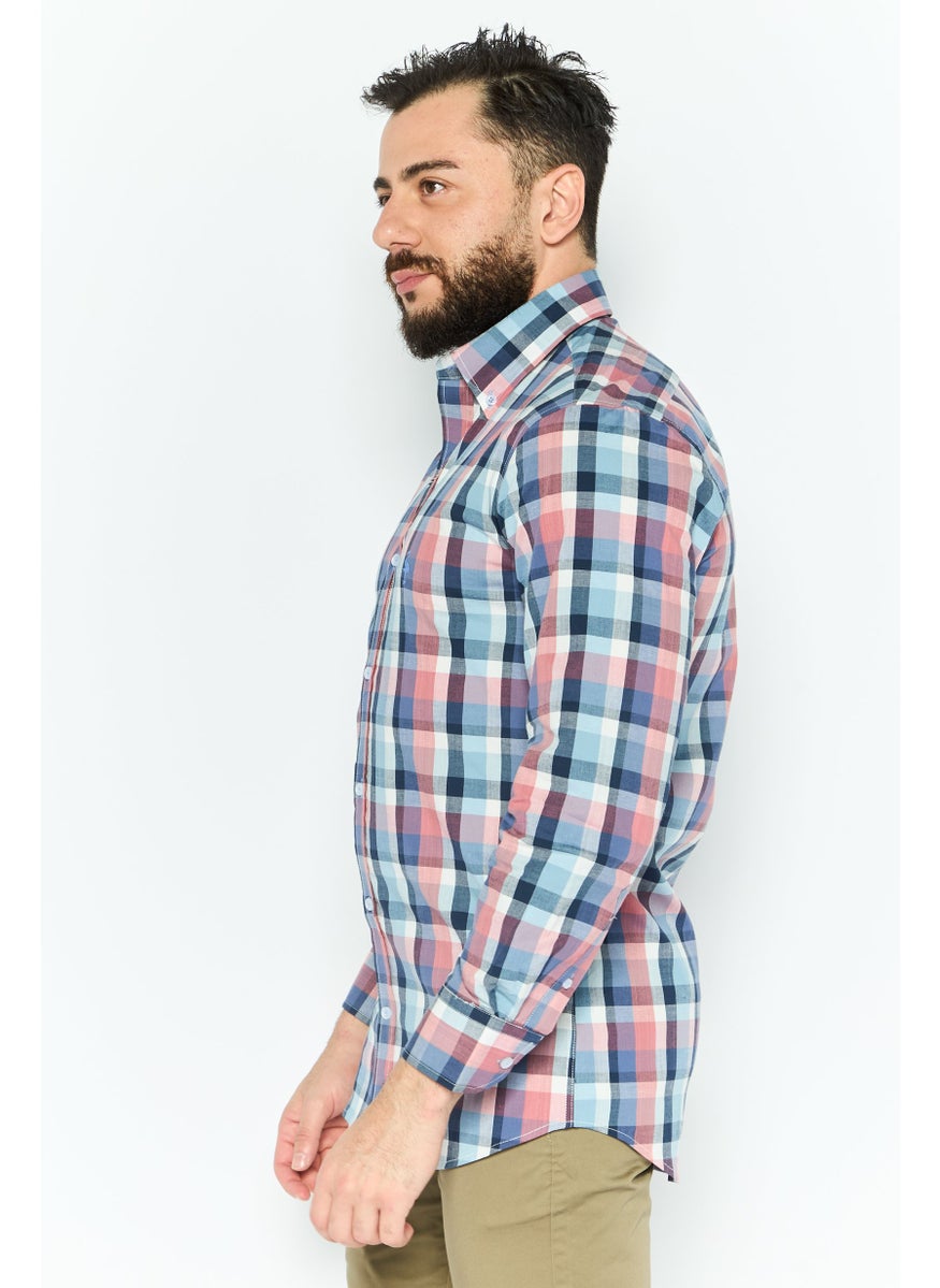 Tailorbyrd - Men Regular Fit Checkered Long Sleeves Casual Shirt, Light Blue - Image 1