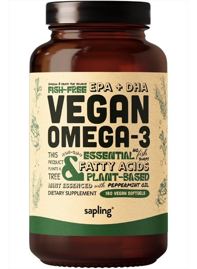sapling Vegan Omega 3 Supplement - Plant Based DHA & EPA Fatty Acids - Carrageenan Free, Alternative to Fish Oil, Supports Heart, Brain, Joint Health - Sustainably Sourced Algae, Fish Oil Free - 180 Softgels  - Image 1