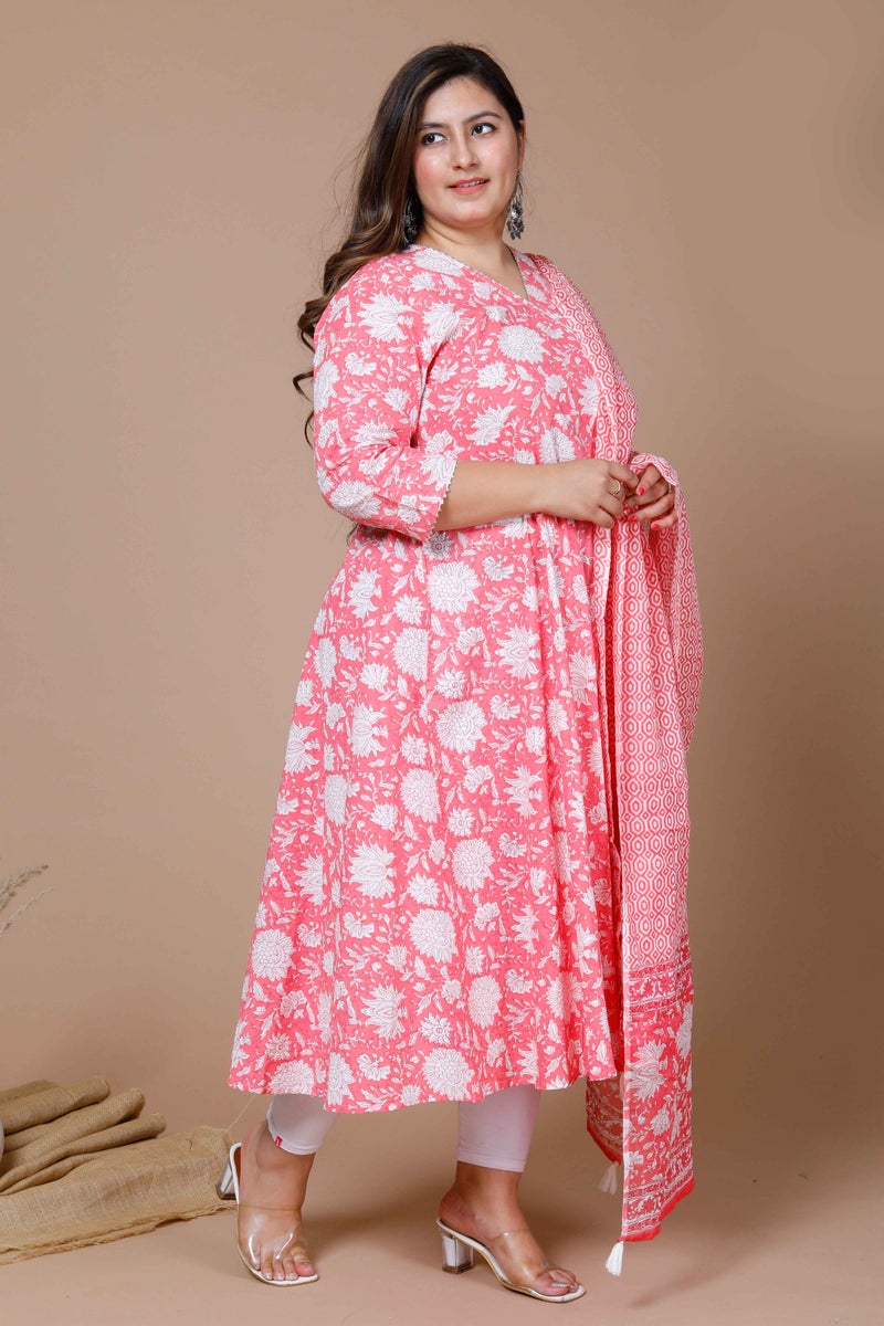 Miravan Womens Plus Size Cotton Floral Printed Pink Anarkali Kurta with Dupatta - Image 2