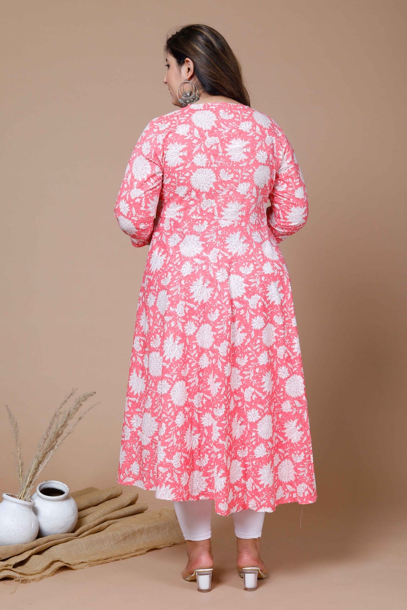 Miravan Womens Plus Size Cotton Floral Printed Pink Anarkali Kurta with Dupatta - Image 4