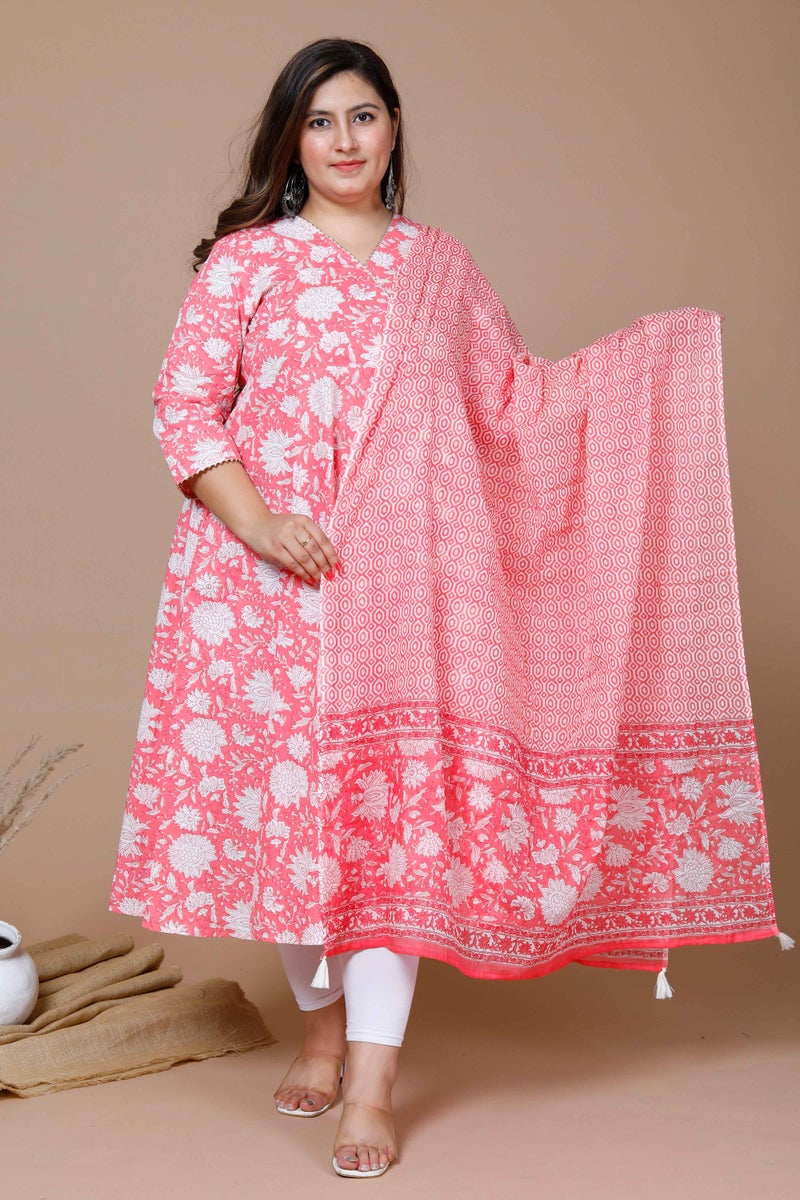 Miravan Womens Plus Size Cotton Floral Printed Pink Anarkali Kurta with Dupatta - Image 1