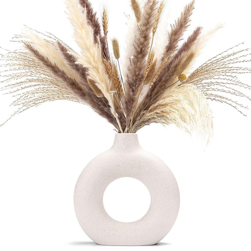 CEMABT White Donut Vase Hollow Ceramic Vase for Flowers Handmade Minimalist Boho ins Style Modern Home Decor for Wedding Dinner Table Party Living Room Office Bedroom(M) - Image 1