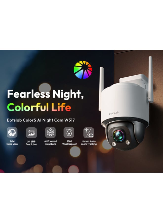 Botslab كاميرا الليل الذكية W317 ColorS AI – دقة 5MP 3K، دوران بزاوية 360°، التعرف على المشهد بالذكاء الاصطناعي، رؤية ليلية كاملة الألوان، تصميم مقاوم للعوامل الجوية IP66 - Image 2